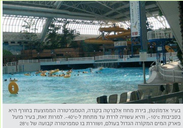 בעיר אדמונטון, בירת מחוז אלברטה בקנדה, הטמפרטורה הממוצעת בחורף היא בסביבות מינוס 10 מעלות צלזיוס, והיא עשויה לרדת עד מתחת למינוס 40 מעלות צלזיוס. למרות זאת, בעיר פועל פארק המים המקורה הגדול בעולם, ושוררת בו טמפרטורה קבועה של 28 מעלות צלזיוס